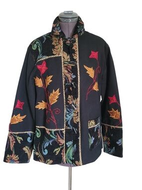 Parsley & Sage Vintage Tapestry Jacket Embroidered Autumn Leaf Fall Cotton Rayon